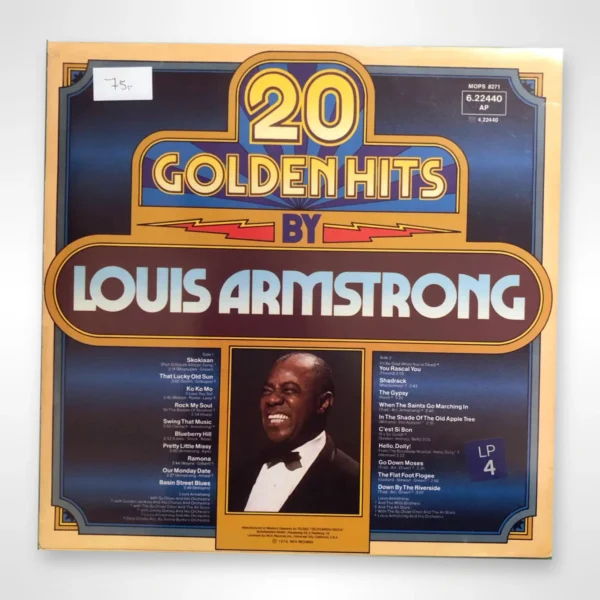 Louis Armstrong – 20 Golden Hits" (1978) på vinyl. Inneholder klassikere som "What a Wonderful World" og "Hello, Dolly!". Perfekt for jazzentusiaster. Medie- og omslagstilstand: VG+.