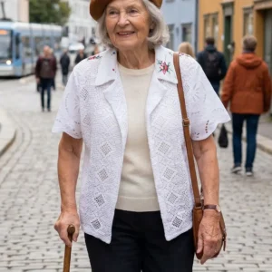 Eldre dame som har på seg en redesignet hvit bluse