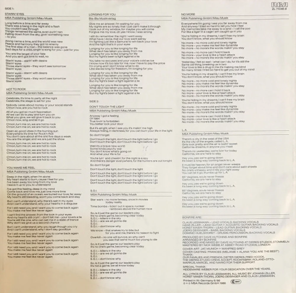 Bonfire - Don't Touch The Light (ZL 71046)