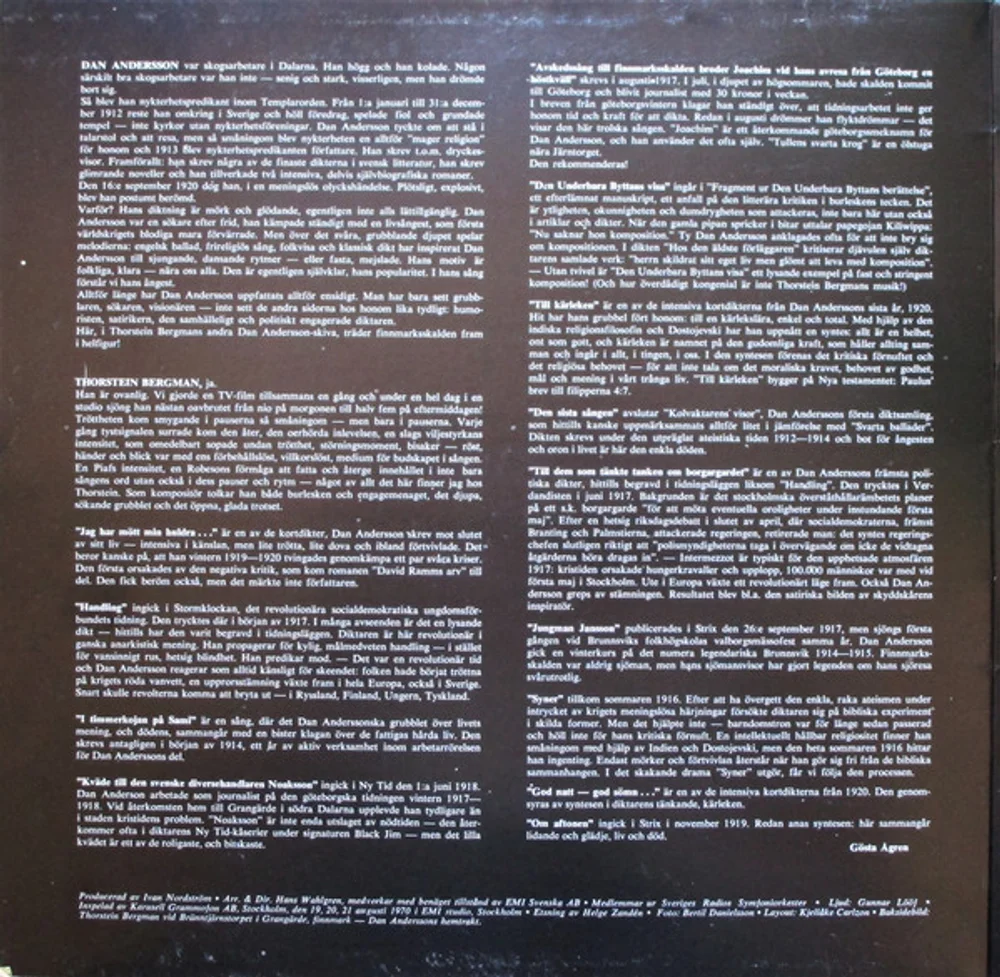 Thorstein Bergman, Hans Wahlgren - Dan Andersson - Diktaren Och Människan (2379 009)